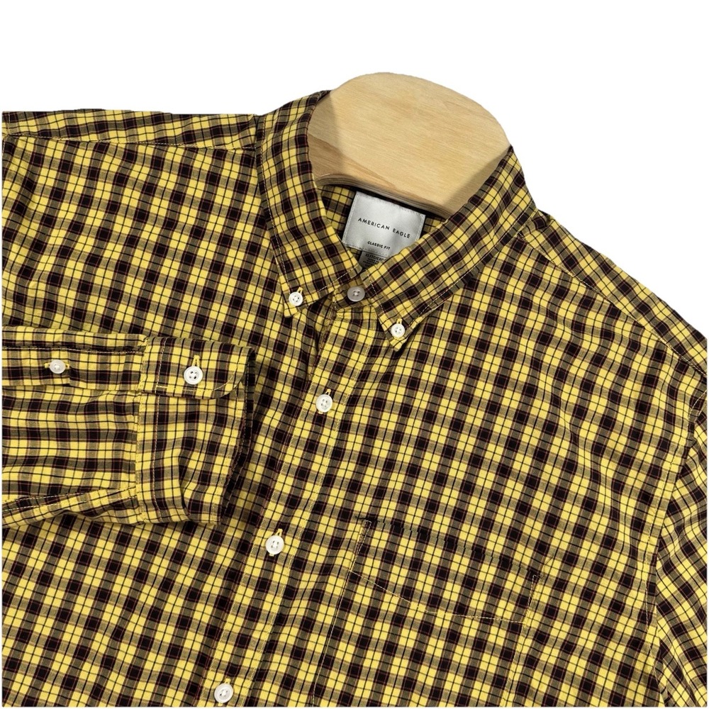 American Eagle Shirt Mens XL Yellow Plaid Classic Fit‎ Long Sleeve Button Down